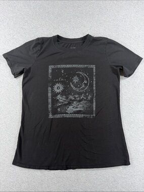 Calme Johnny Was Celestrial Graphic Tee Black Women’s T-Shirt M Stretch Cotton